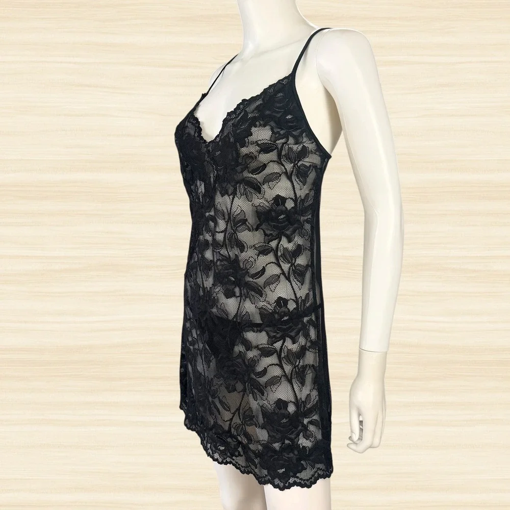 Victoria's Secret Black Sheer Floral Lace Chemise Y2K Mesh Lingerie Nightgown L